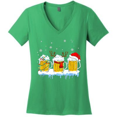 Christmas Mug Santa Reinbeer Beer Xmas Lights Pajamas Gift Women's V-Neck T-Shirt