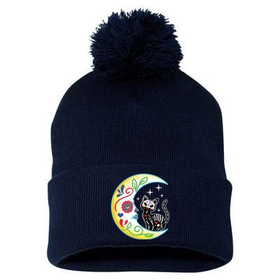 Cat Moon Sugar Skull Dia De Los Muertos Day Of The Dead Pom Pom 12in Knit Beanie