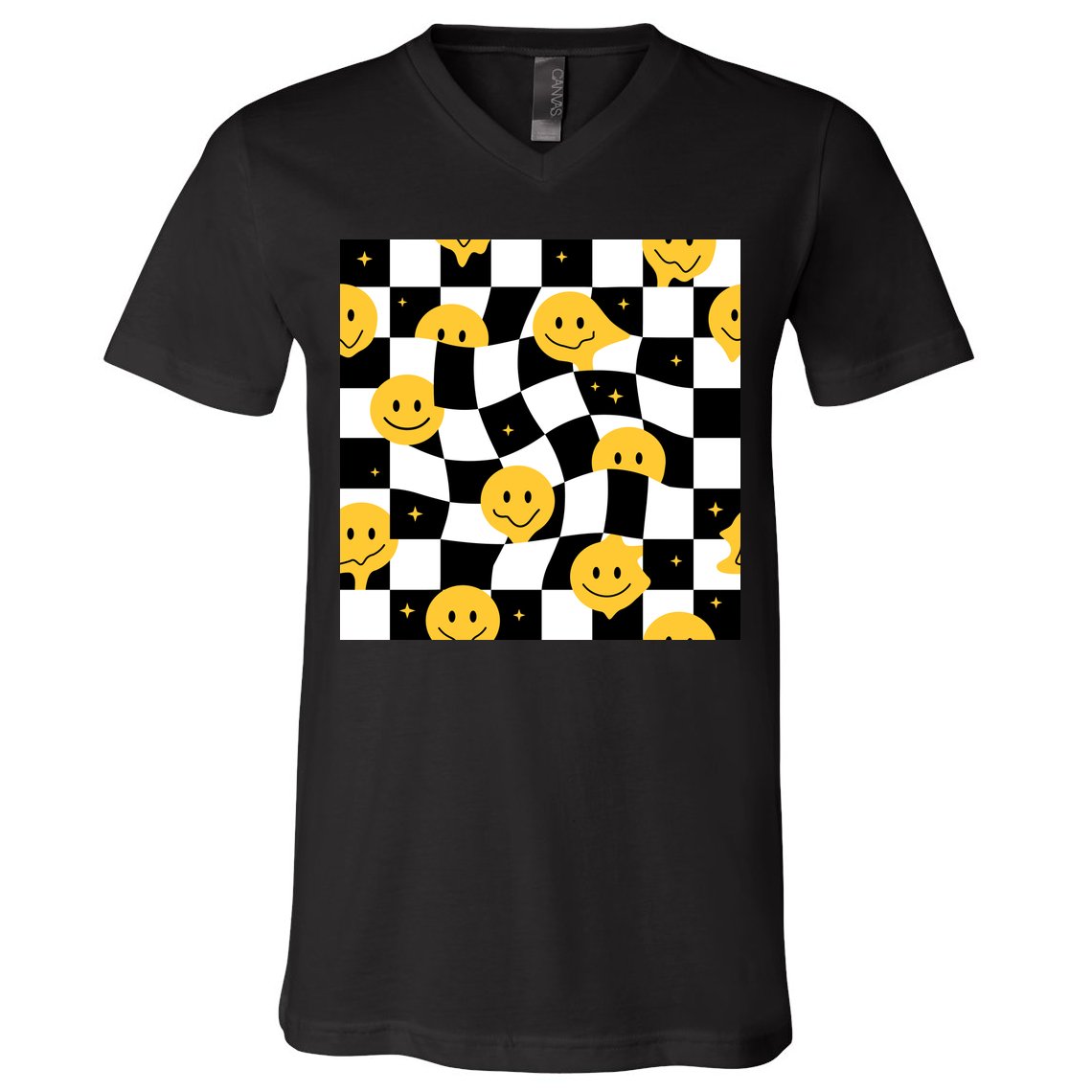 Crazy Melt Smile Faces Pattern V-Neck T-Shirt