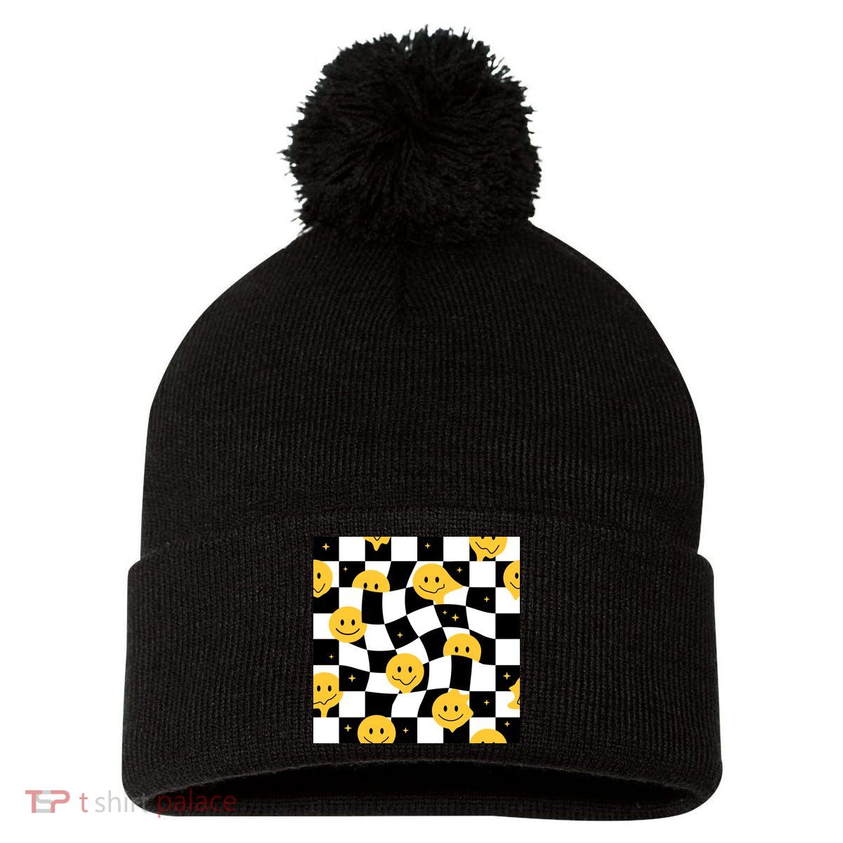 Crazy Melt Smile Faces Pattern Pom Pom 12in Knit Beanie