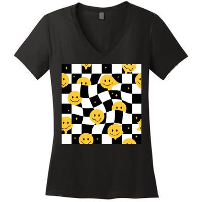 Crazy Melt Smile Faces Pattern Women's V-Neck T-Shirt