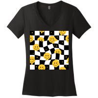 Crazy Melt Smile Faces Pattern Women's V-Neck T-Shirt