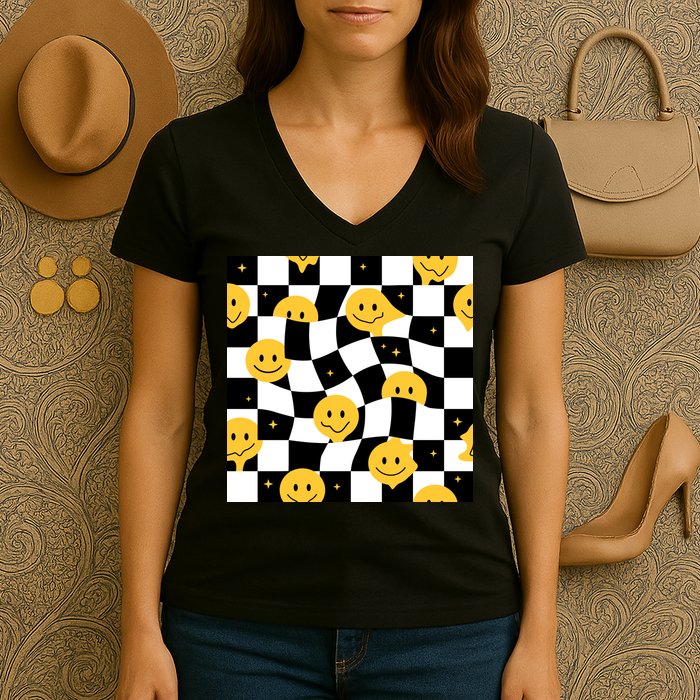 Crazy Melt Smile Faces Pattern Women's V-Neck T-Shirt