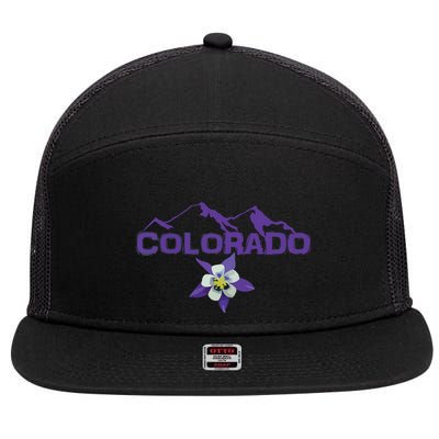 Colorado Mountain Silhouette Columbine State Flower 7 Panel Mesh Trucker Snapback Hat