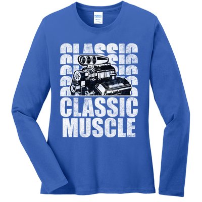 Classic Muscle Supercharged V8 Motor Mechanic Gift Ladies Long Sleeve Shirt