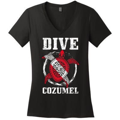 Cozumel Mexico Scuba Diving Flag Sea Turtle Scuba Diver Dive Women's V-Neck T-Shirt