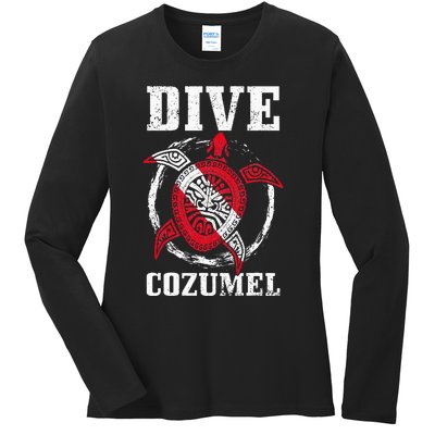 Cozumel Mexico Scuba Diving Flag Sea Turtle Scuba Diver Dive Ladies Long Sleeve Shirt