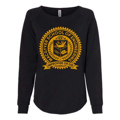 Cool MacGyver School Of Engineering Improvise Or Die EST 1985 Emblem Womens California Wash Sweatshirt