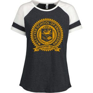 Cool MacGyver School Of Engineering Improvise Or Die EST 1985 Emblem Enza Ladies Jersey Colorblock Tee