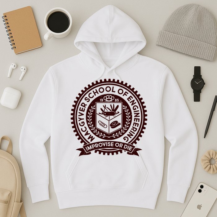 Cool MacGyver School Of Engineering Improvise Or Die EST 1985 Emblem Hoodie