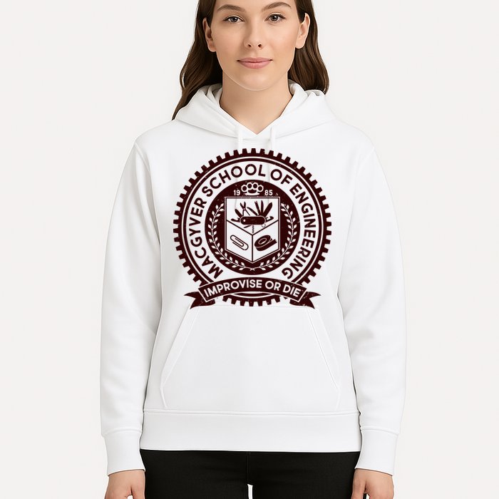 Cool MacGyver School Of Engineering Improvise Or Die EST 1985 Emblem Hoodie