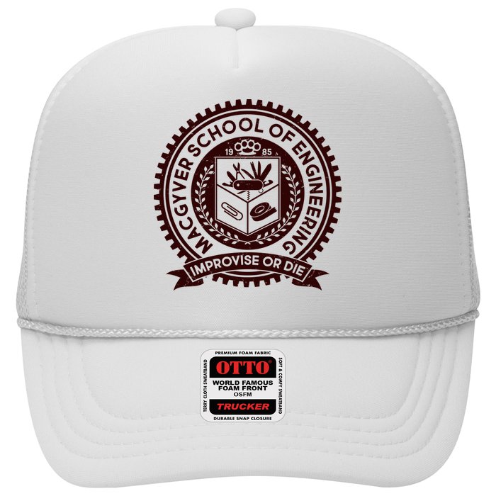Cool MacGyver School Of Engineering Improvise Or Die EST 1985 Emblem Trucker Hat