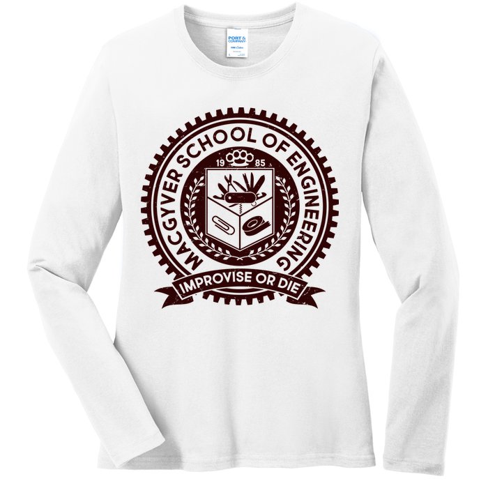 Cool MacGyver School Of Engineering Improvise Or Die EST 1985 Emblem Ladies Long Sleeve Shirt