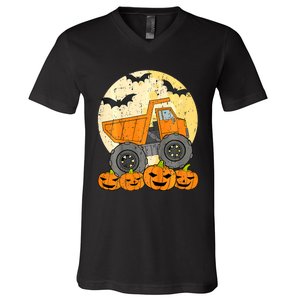 Construction Monster Truck Halloween Pumpkins V-Neck T-Shirt