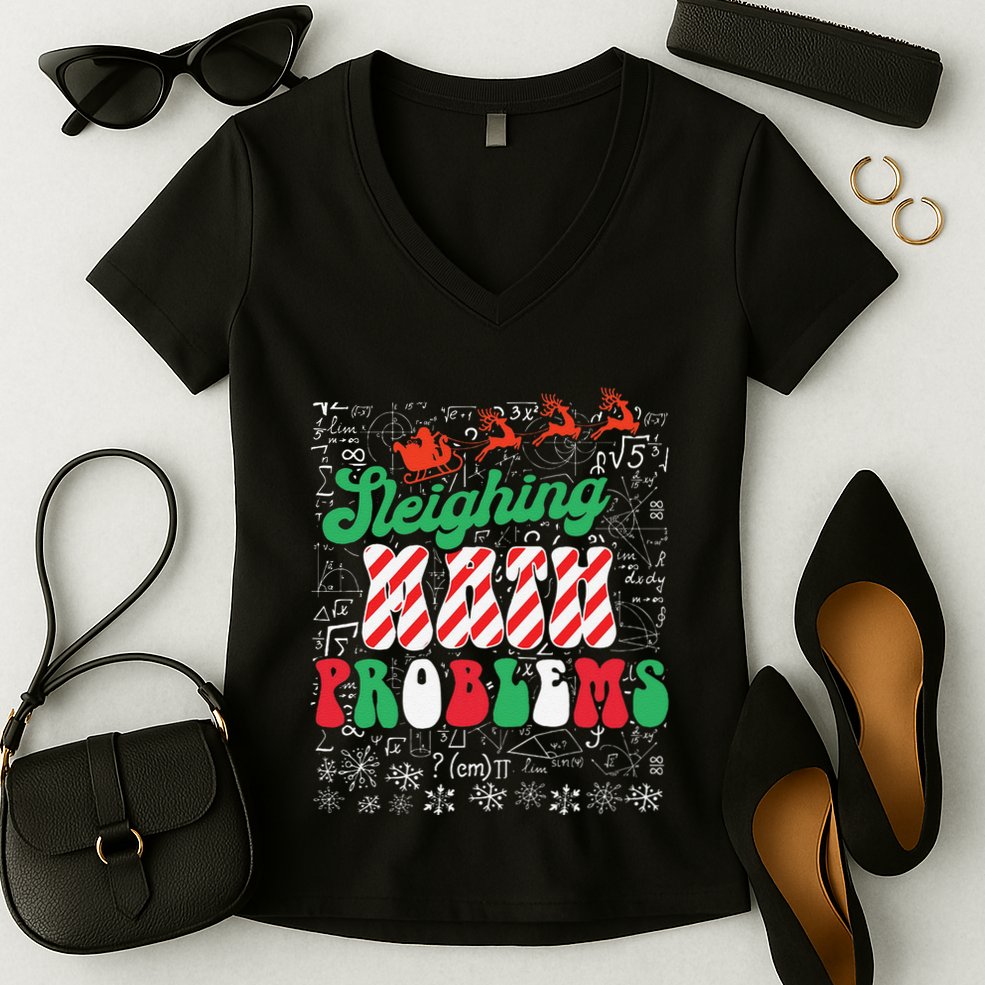 Chritmas Mathematics Teacher Student Sleighing Math Problems Women's V-Neck T-Shirt