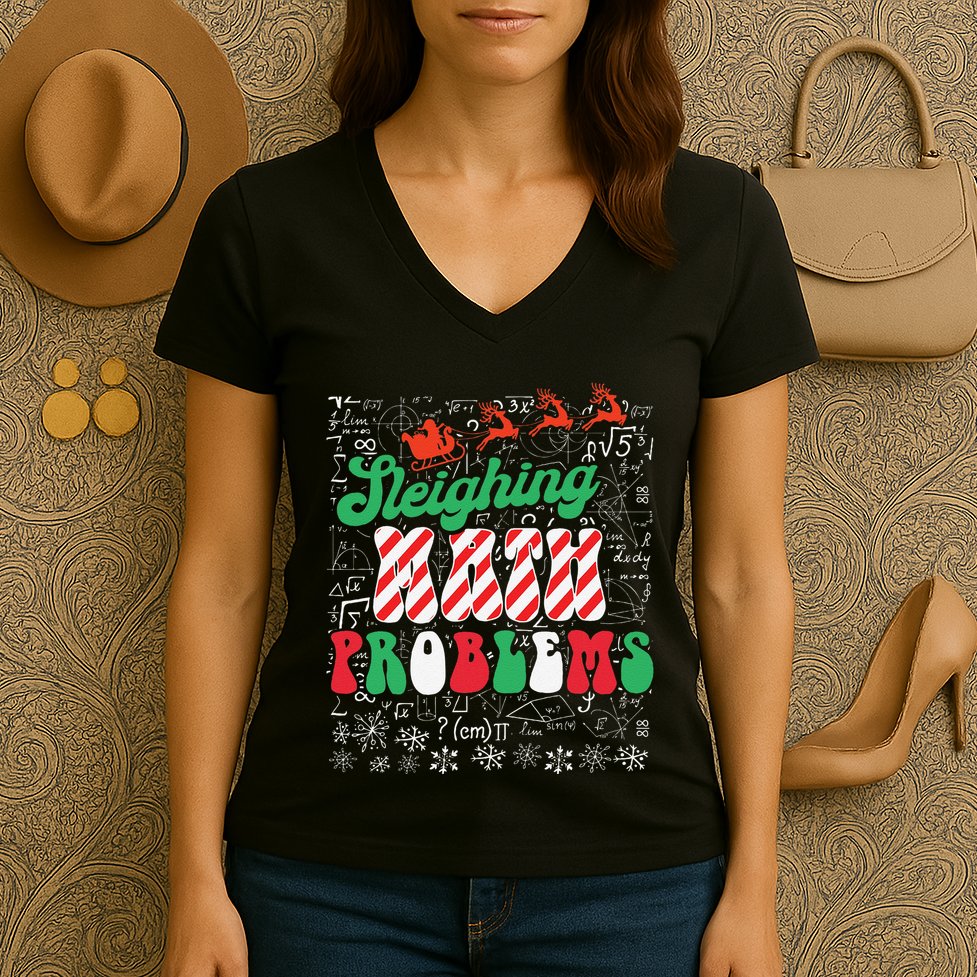 Chritmas Mathematics Teacher Student Sleighing Math Problems Women's V-Neck T-Shirt