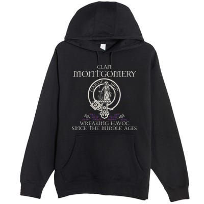 Clan Montgomery Tartan Crest Thistle Vintage Premium Pullover Hoodie