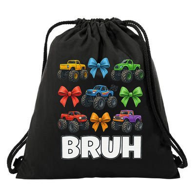 Colorful Monster Trucks With Bows BRUH Grid Style Drawstring Bag
