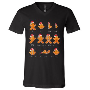 Christmas Math Teacher Fraction Gingerbread Cookie Santa Hat V-Neck T-Shirt