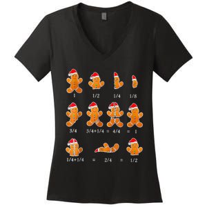 Christmas Math Teacher Fraction Gingerbread Cookie Santa Hat Women's V-Neck T-Shirt