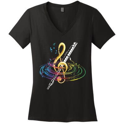 Classical Music Treble Clef Flutist Gift Flute Women's V-Neck T-Shirt