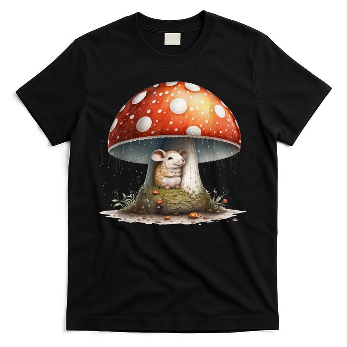 Cute Mouse Under A Mushroom In The Rain T-Shirt