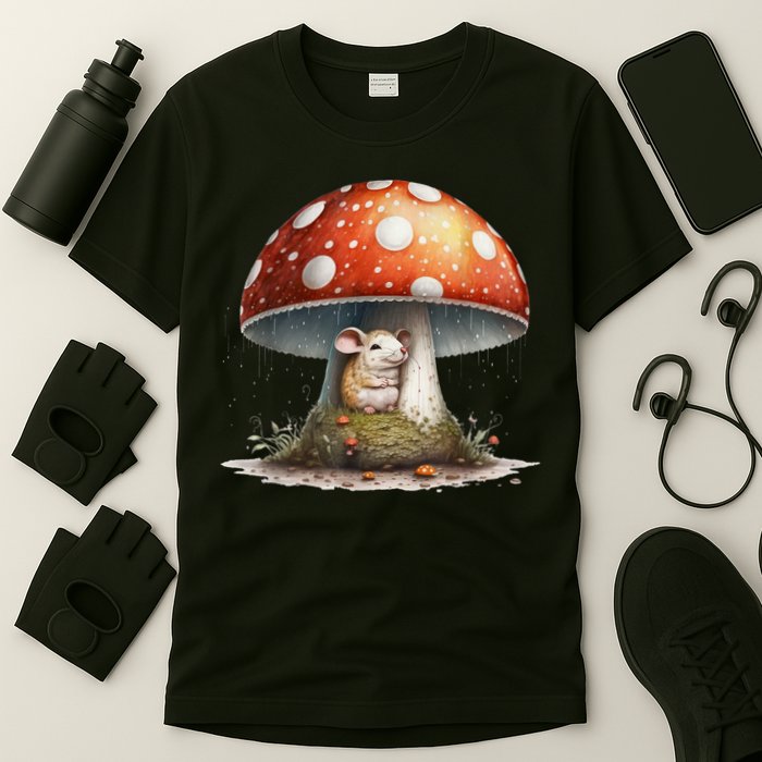 Cute Mouse Under A Mushroom In The Rain T-Shirt