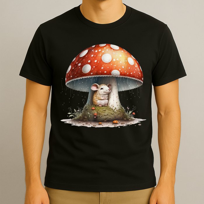 Cute Mouse Under A Mushroom In The Rain T-Shirt