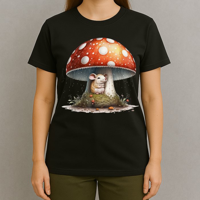 Cute Mouse Under A Mushroom In The Rain T-Shirt