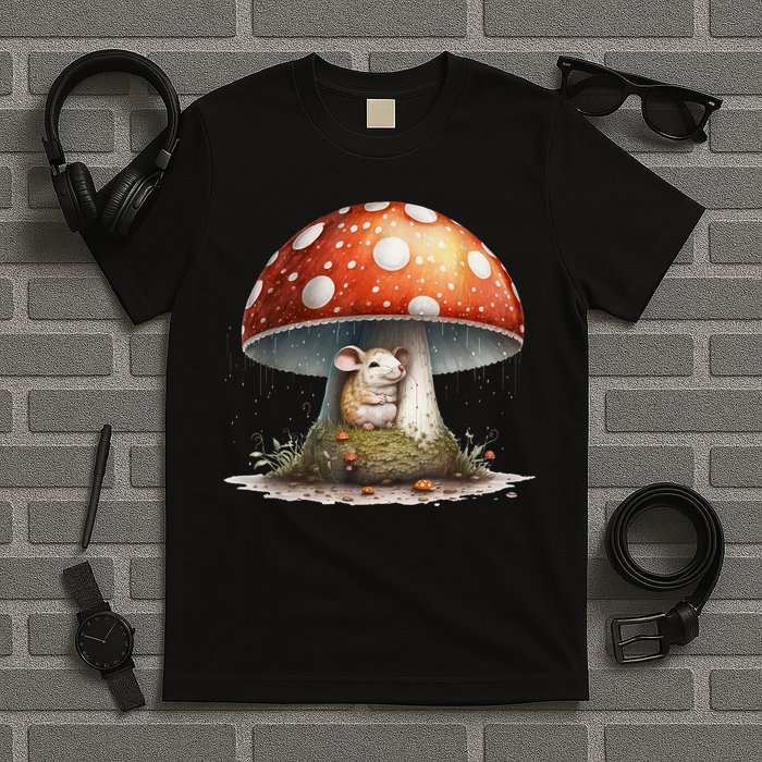 Cute Mouse Under A Mushroom In The Rain T-Shirt
