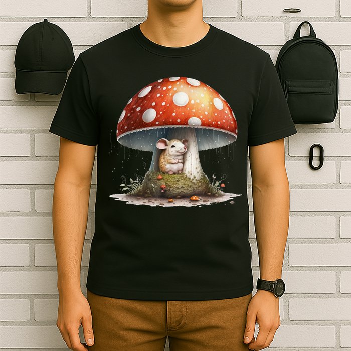 Cute Mouse Under A Mushroom In The Rain T-Shirt
