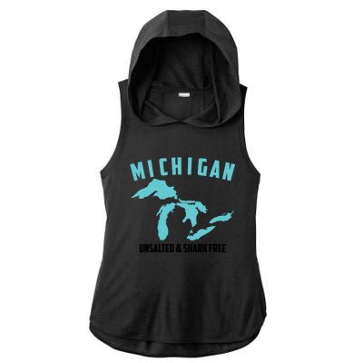 Cool Michigan Unsalted And Shark Free Funny Fisher Gift Ladies PosiCharge Tri-Blend Wicking Draft Hoodie Tank