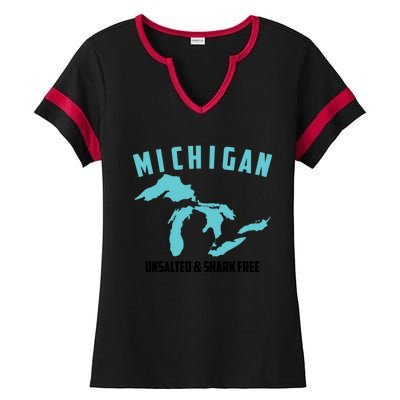 Cool Michigan Unsalted And Shark Free Funny Fisher Gift Ladies Halftime Notch Neck Tee