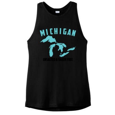 Cool Michigan Unsalted And Shark Free Funny Fisher Gift Ladies PosiCharge Tri-Blend Wicking Tank