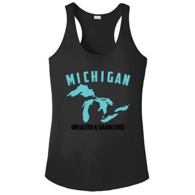 Cool Michigan Unsalted And Shark Free Funny Fisher Gift Ladies PosiCharge Competitor Racerback Tank