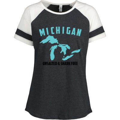 Cool Michigan Unsalted And Shark Free Funny Fisher Gift Enza Ladies Jersey Colorblock Tee