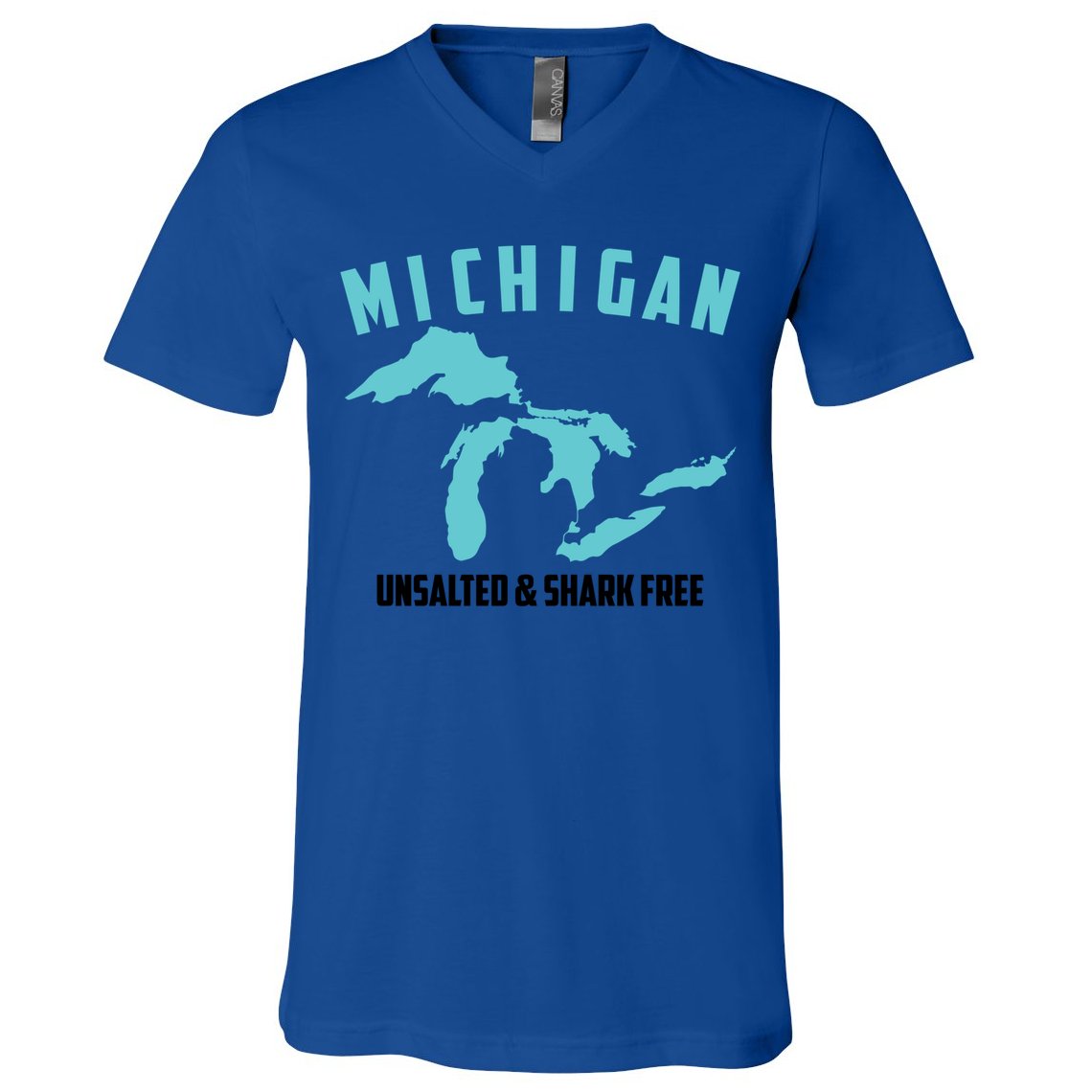 Cool Michigan Unsalted And Shark Free Funny Fisher Gift V-Neck T-Shirt