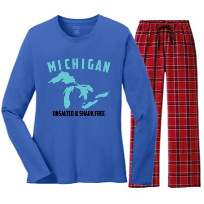 Cool Michigan Unsalted And Shark Free Funny Fisher Gift Women's Long Sleeve Flannel Pajama Set 