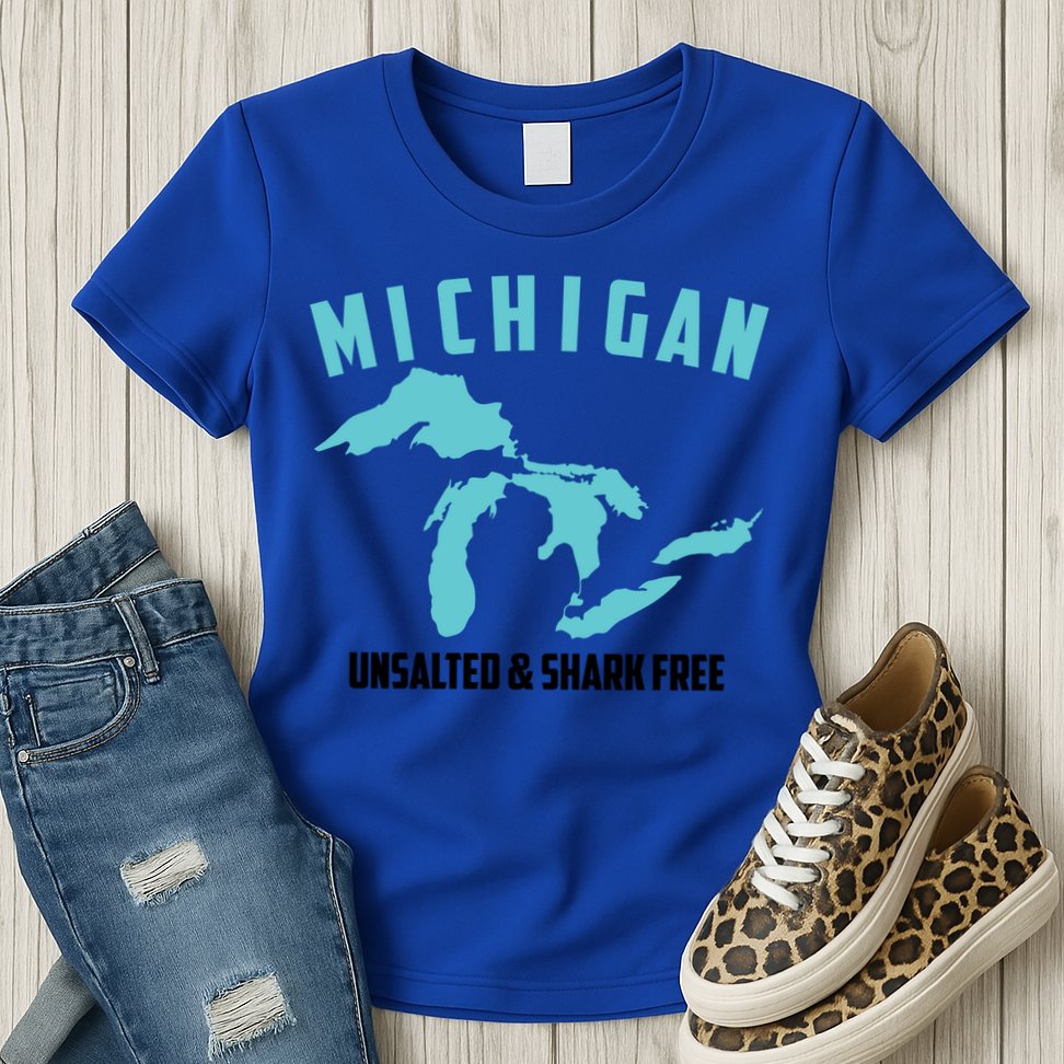 Cool Michigan Unsalted And Shark Free Funny Fisher Gift Womens T-Shirt