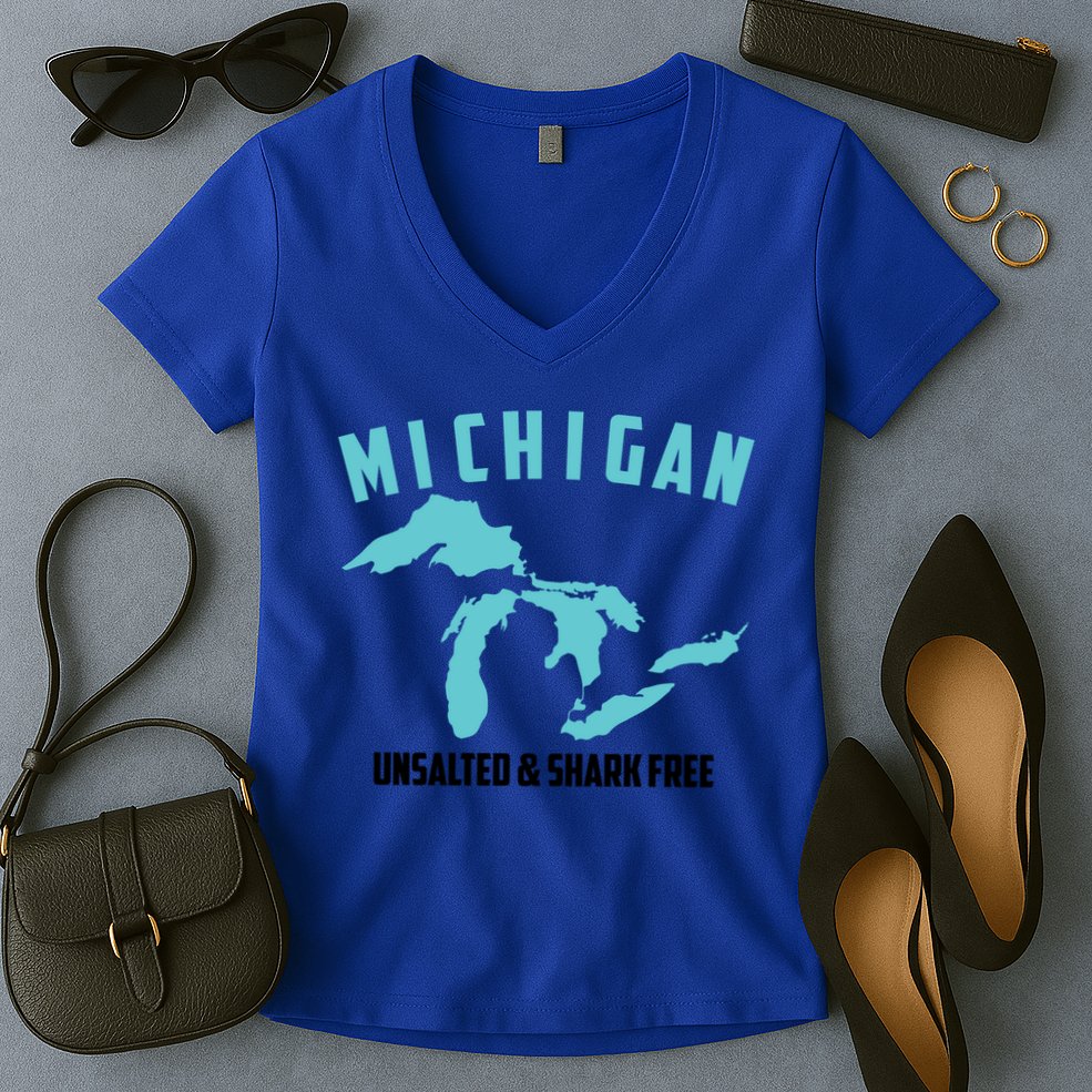 Cool Michigan Unsalted And Shark Free Funny Fisher Gift Women's V-Neck T-Shirt