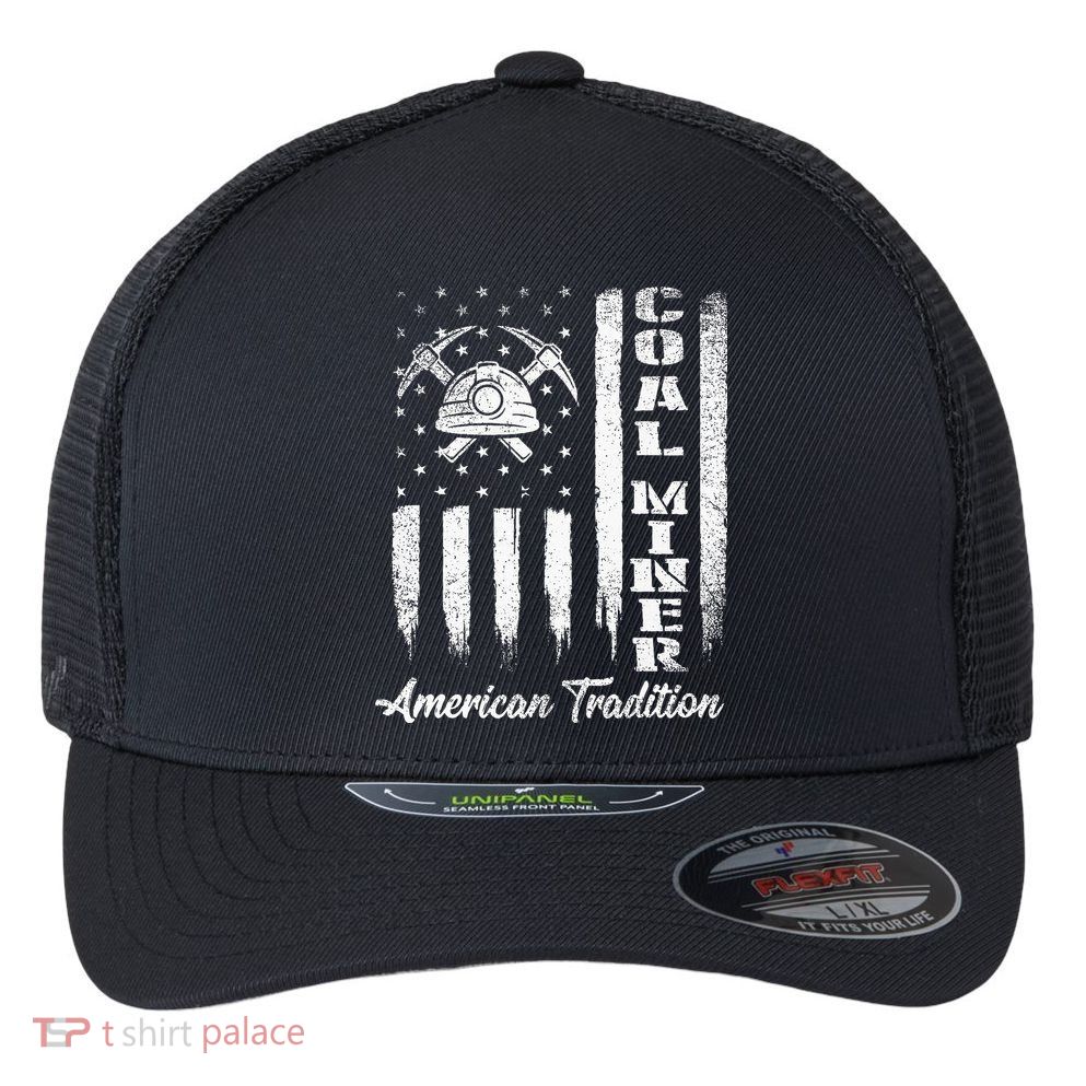 Coal Miner Usa Flag Patriotic Underground Mining Laborer Flexfit Unipanel Trucker Cap