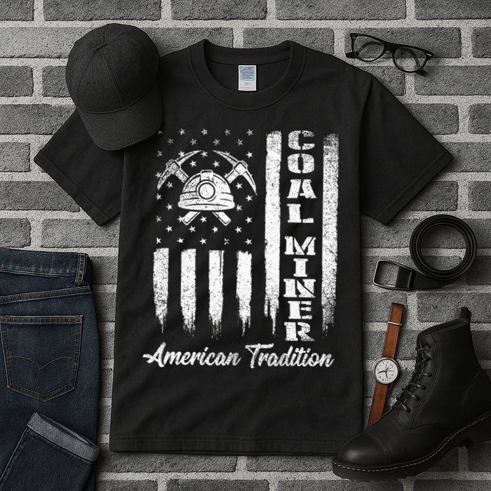 Coal Miner Usa Flag Patriotic Underground Mining Laborer Tall T-Shirt