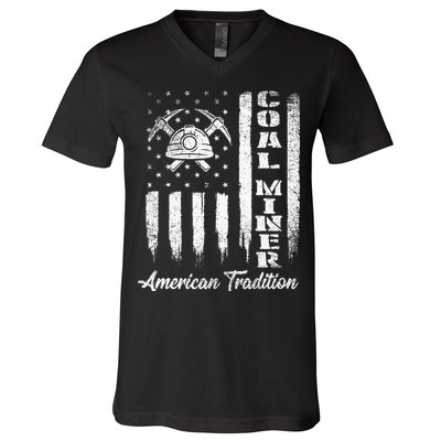 Coal Miner Usa Flag Patriotic Underground Mining Laborer V-Neck T-Shirt