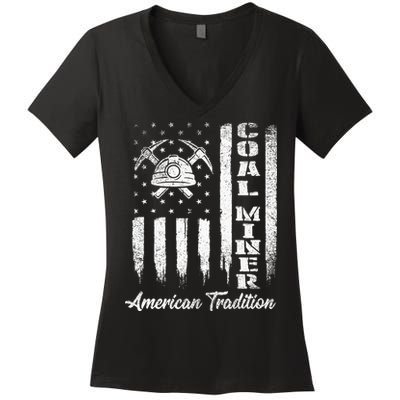 Coal Miner Usa Flag Patriotic Underground Mining Laborer Women's V-Neck T-Shirt
