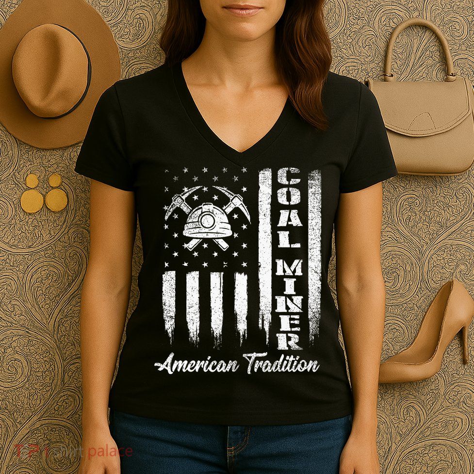 Coal Miner Usa Flag Patriotic Underground Mining Laborer Women's V-Neck T-Shirt