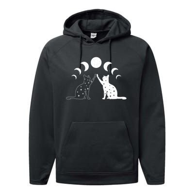 Cat Moon Vintage Witchy Cat Lovers And Celestial Enthusiasts Performance Fleece Hoodie