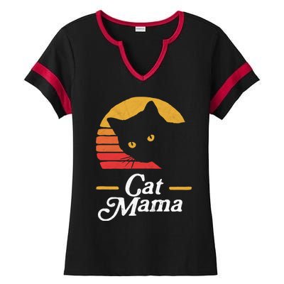 Cat Mama Vintage Eighties Style Cat Retro Distressed Gift Ladies Halftime Notch Neck Tee