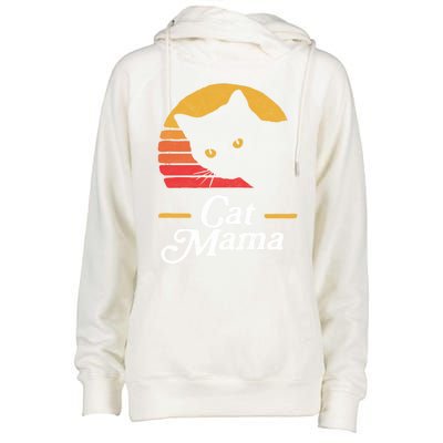 Cat Mama Vintage Eighties Style Cat Retro Distressed Gift Womens Funnel Neck Pullover Hood