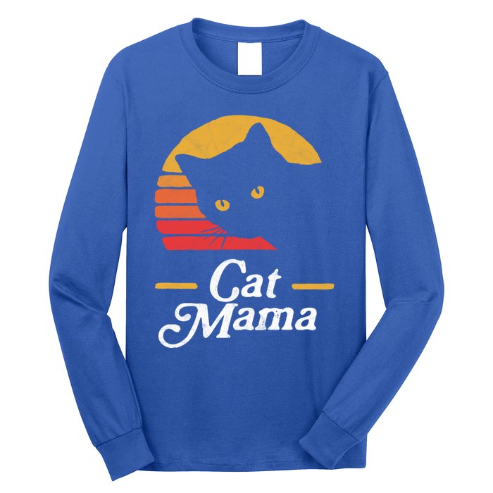 Cat Mama Vintage Eighties Style Cat Retro Distressed Gift Long Sleeve Shirt