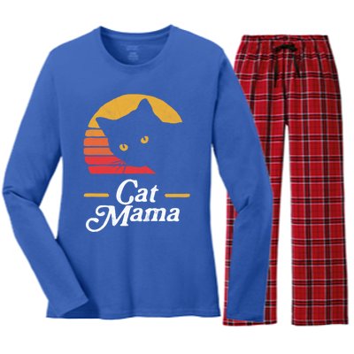 Cat Mama Vintage Eighties Style Cat Retro Distressed Gift Women's Long Sleeve Flannel Pajama Set 